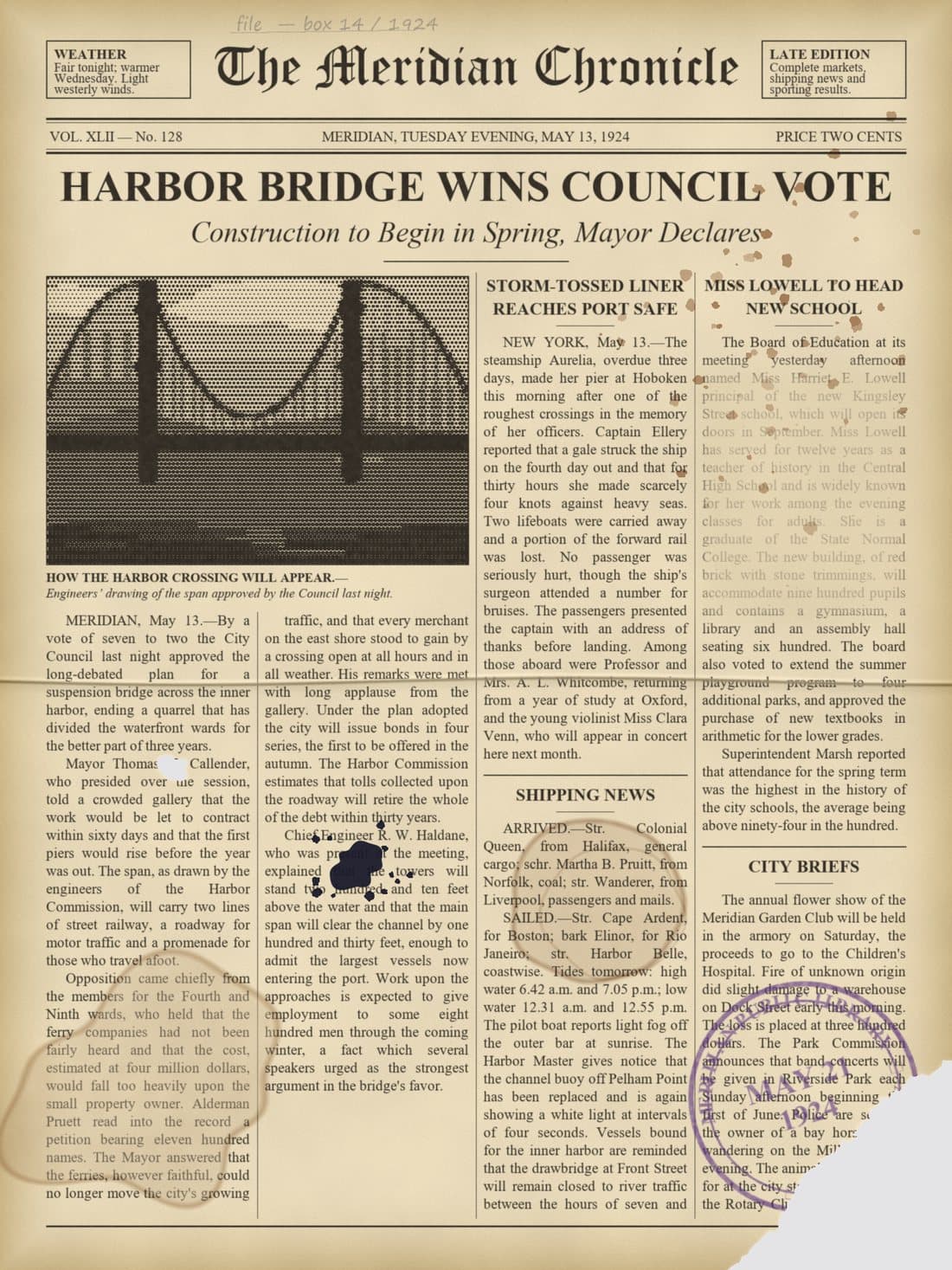 1924 newspaper front page with a coffee ring, water stain, foxing, fold crease, faded paragraph, ink blot, library stamp, pencil note, punched hole and torn corner