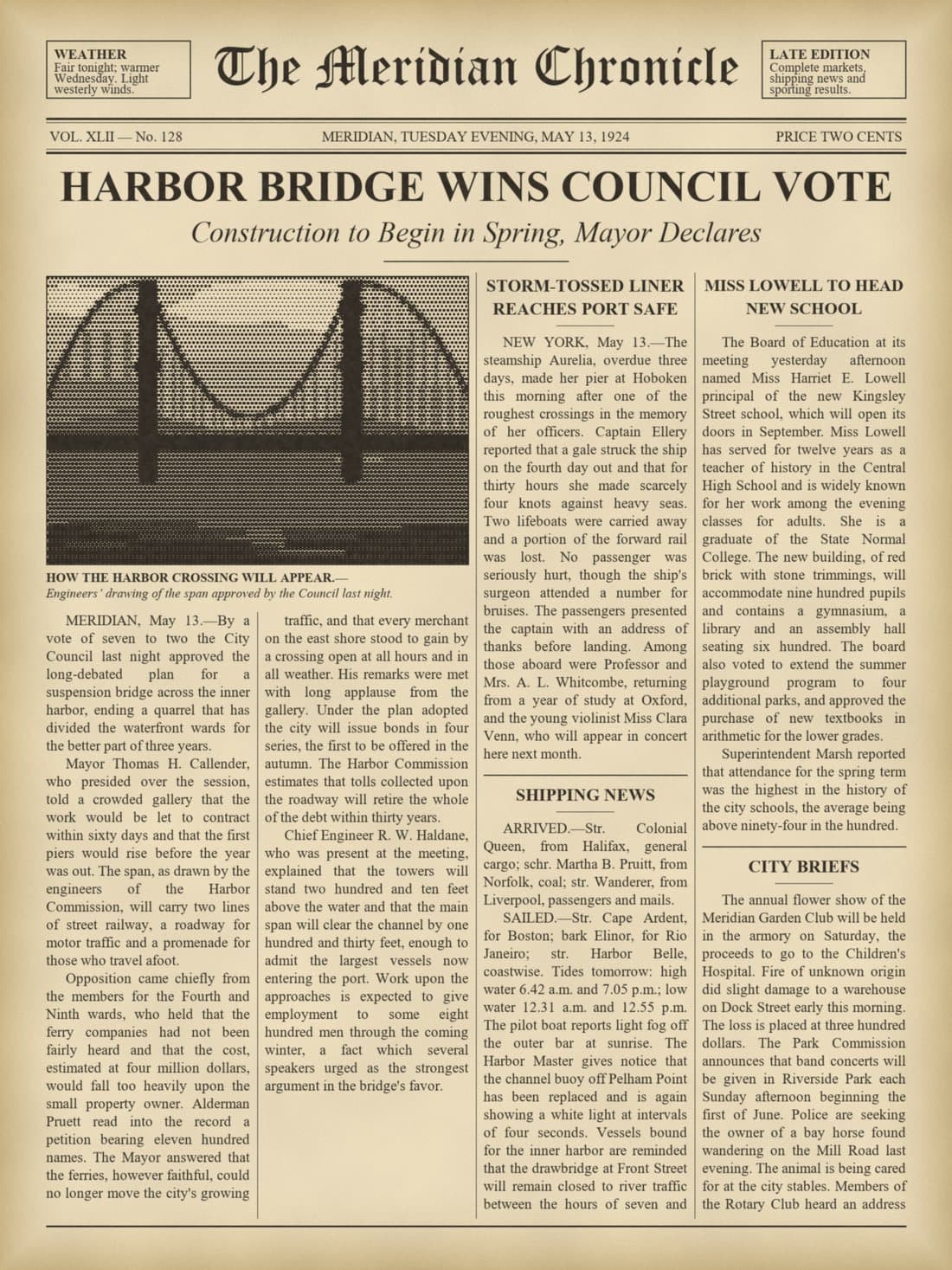 A 1924 newspaper front page after restoration, with clean paper and sharp print
